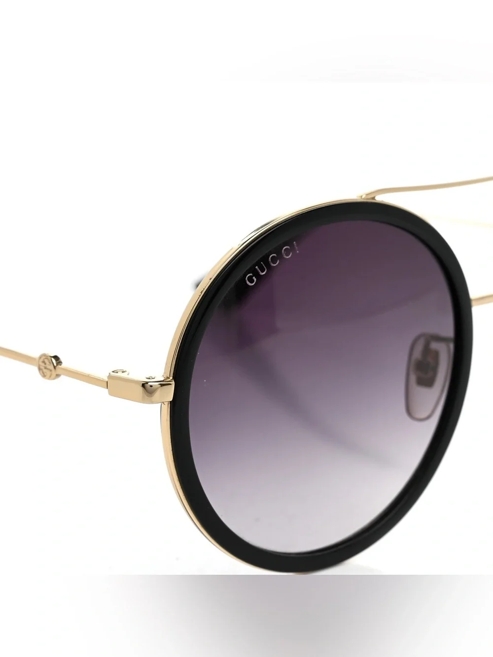 Gucci Men’s Metal Round Frame Sunglasses Black Gold Gradient Lenses Bee Logo